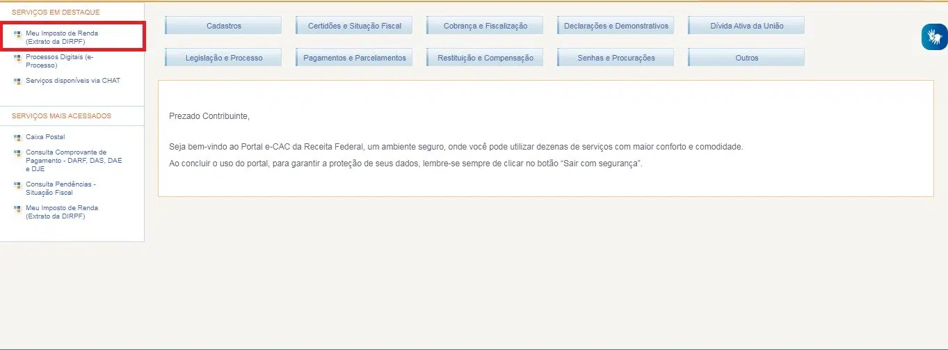 Acessando a opção “Meu Imposto de Renda (Extrato da DIRPF)”