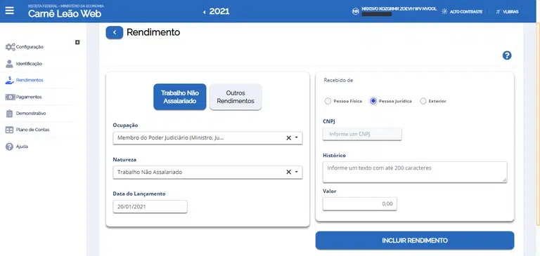 Informe seus rendimentos detalhados